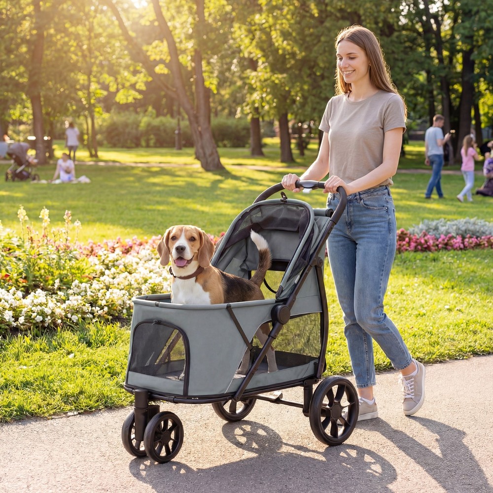 3 Wheel Pet Stroller Foldable Dog Cat Stroller w/ Mesh Window