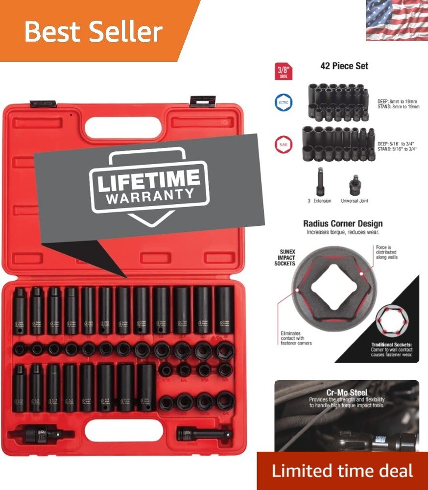 Durable 42-Piece Impact Socket Collection - SAE & Metric Sizes, ANSI Certified