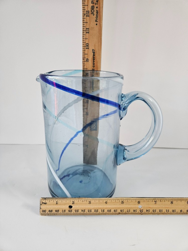 Mexico Hand Blown Glass Blue&White Swirl Pattern Pitcher