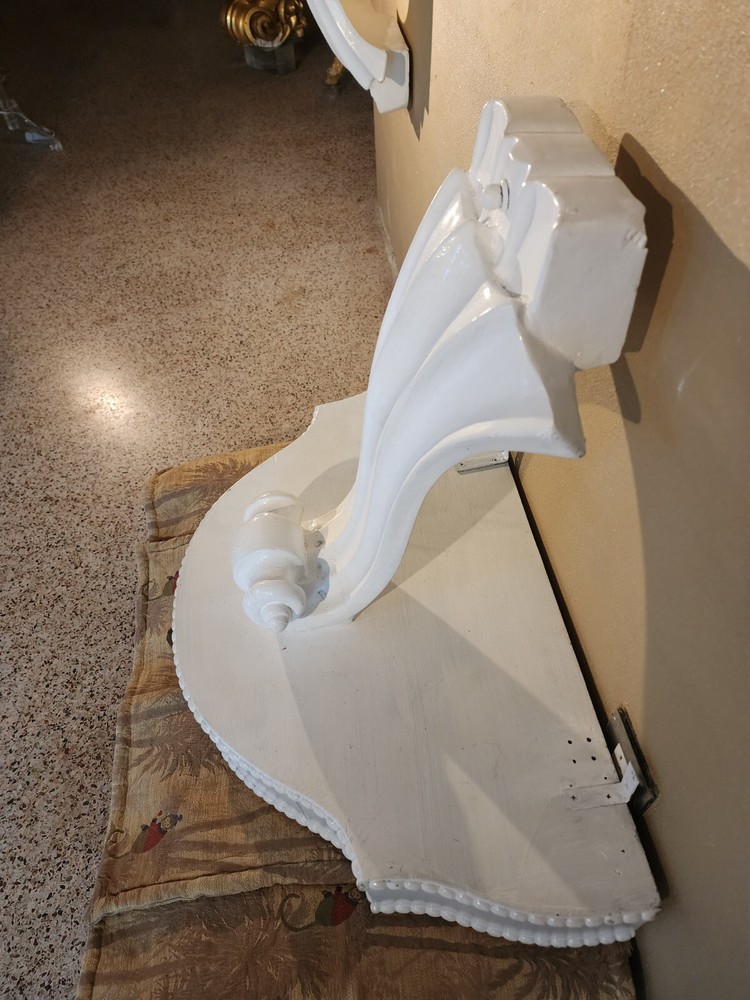 PAIR MID CENTURY MODERN Side Table or Consoles, Violin Scrolls Gloss White.