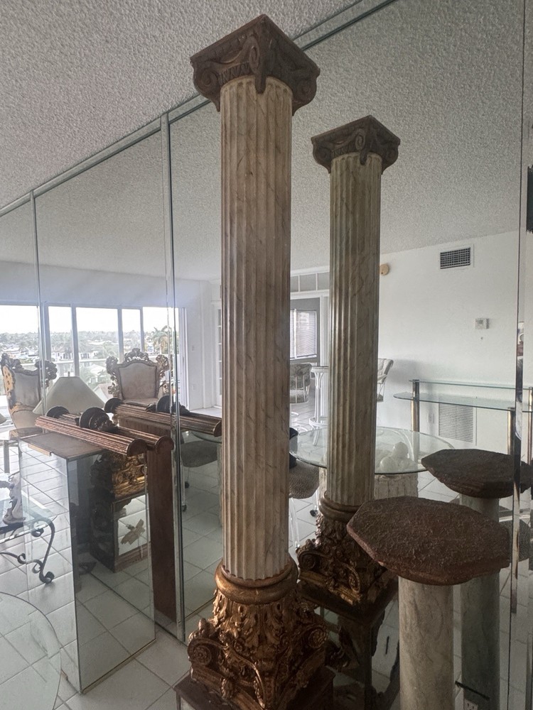 NeoClassical Marble Column White Gold Brown Decorative Architectural Accent