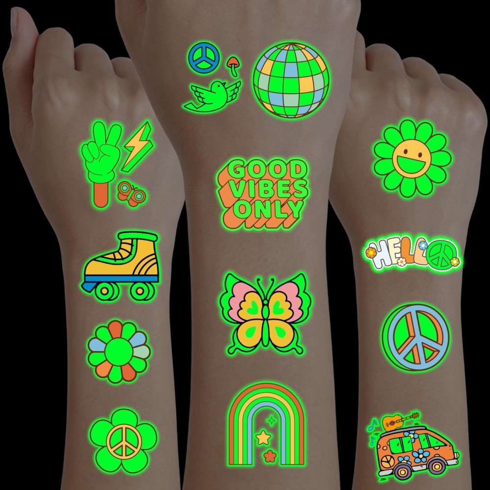 96PCS Groovy 70s Pre-Cut Temporary Tattoos - Retro One Size, Multicolor