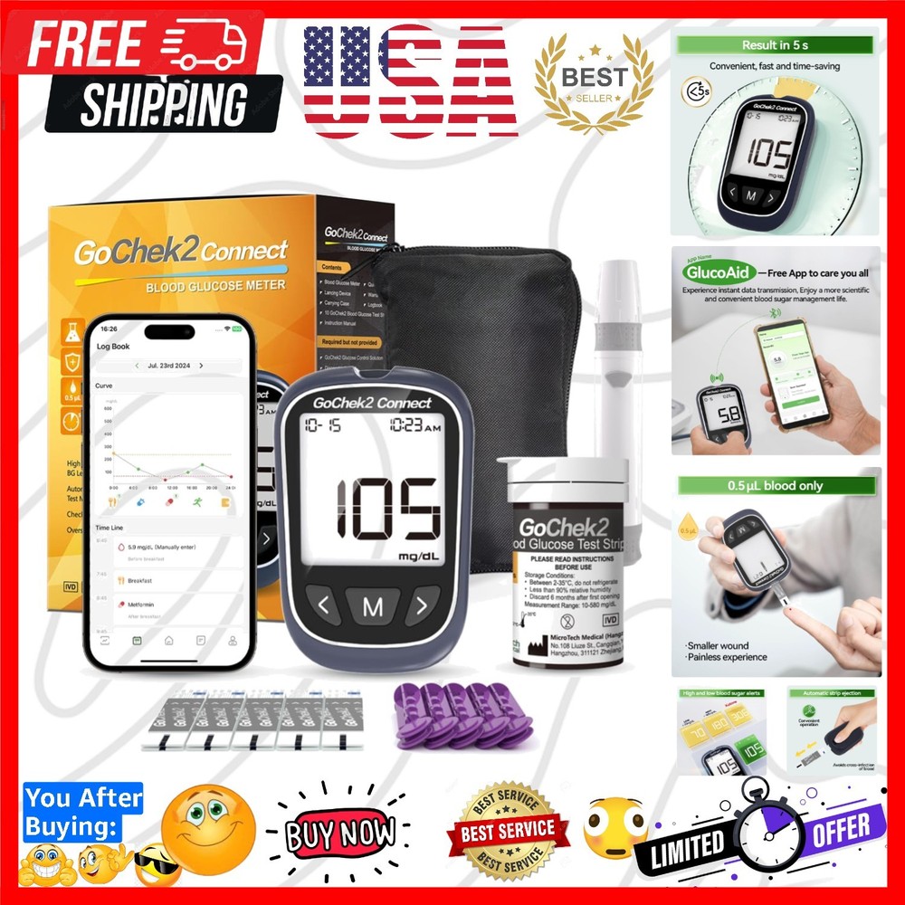 Bluetooth Blood Sugar Testing Kit 10 Strips & Lancets, Free App, No Coding, 5...