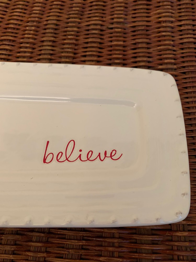 Mudpie “BELIEVE” White Ceramic 17” x 6” Platter/Tray Original Packaging