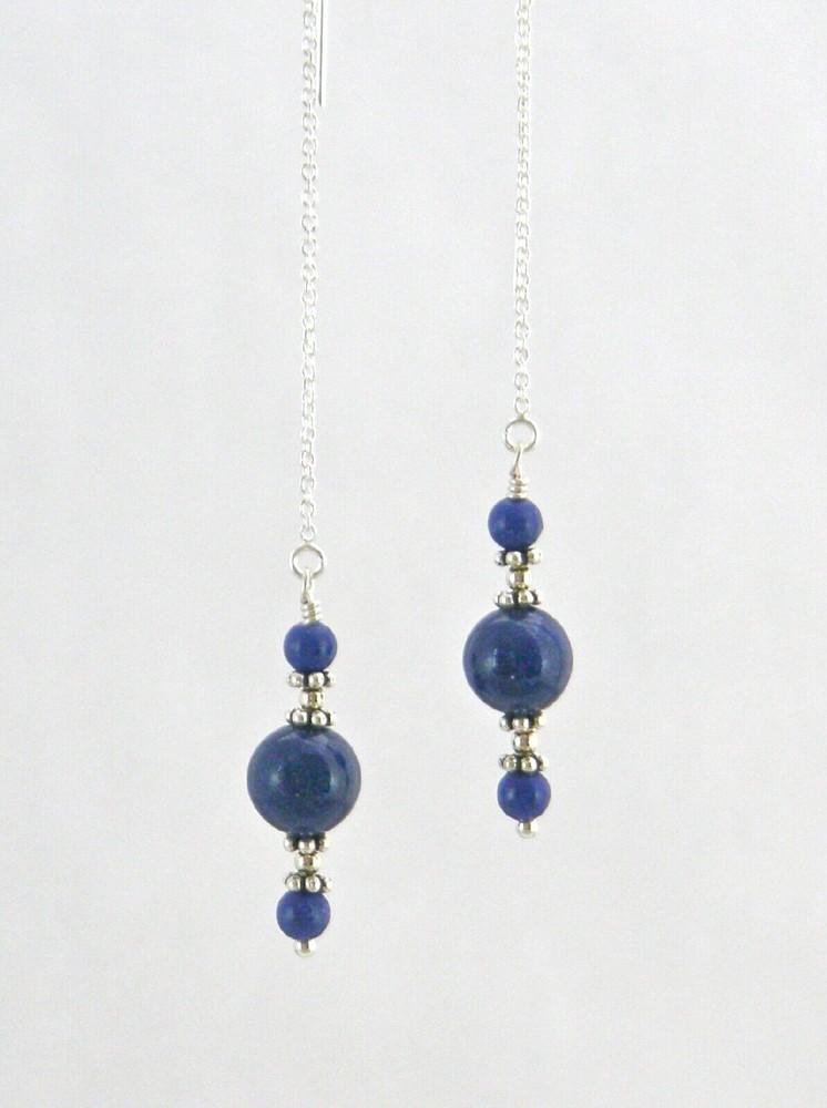 *IAJ* LAPIS LAZULI ROUND DROP DANGLE, STERLING SILVER Ear Threader Earrings