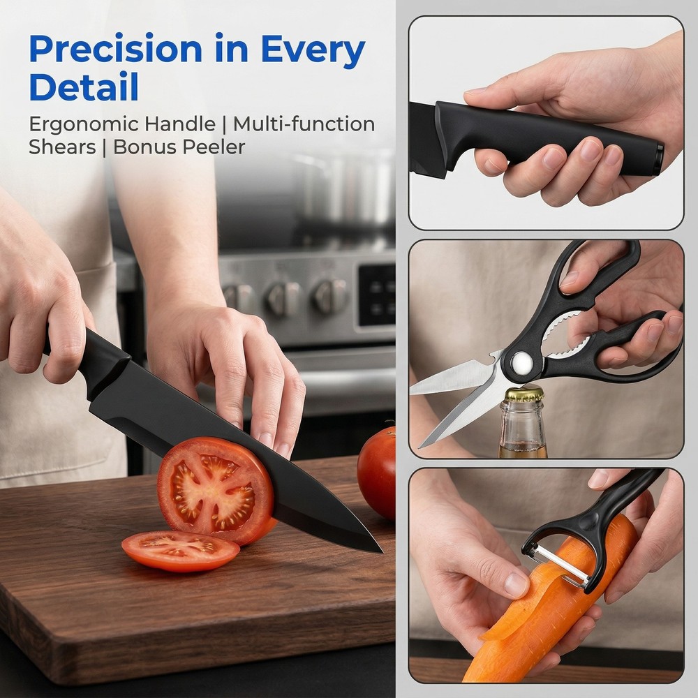 16 Pieces Professional Black Coding Kitchen Knife Block Set with Non-slip Handle