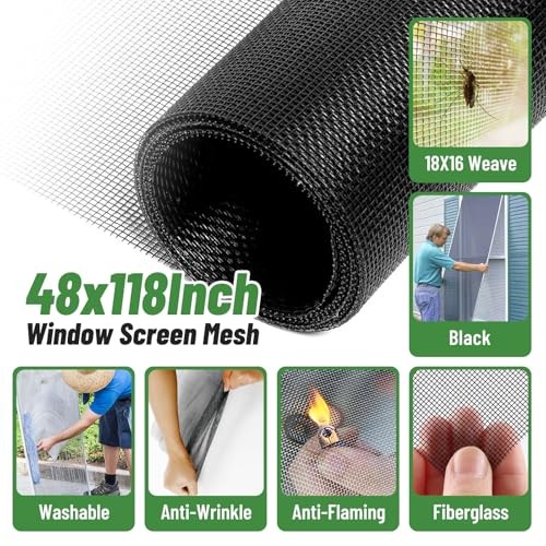 Window Screen Door Repair/Replacement Kit, Includes Screen Mesh Black