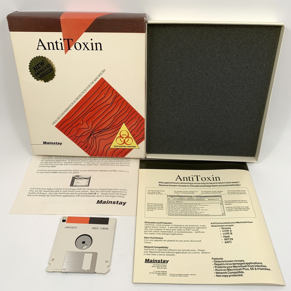 Vintage Mainstay AntiToxin Virus Protection Software for Macintosh 3.5" Disk