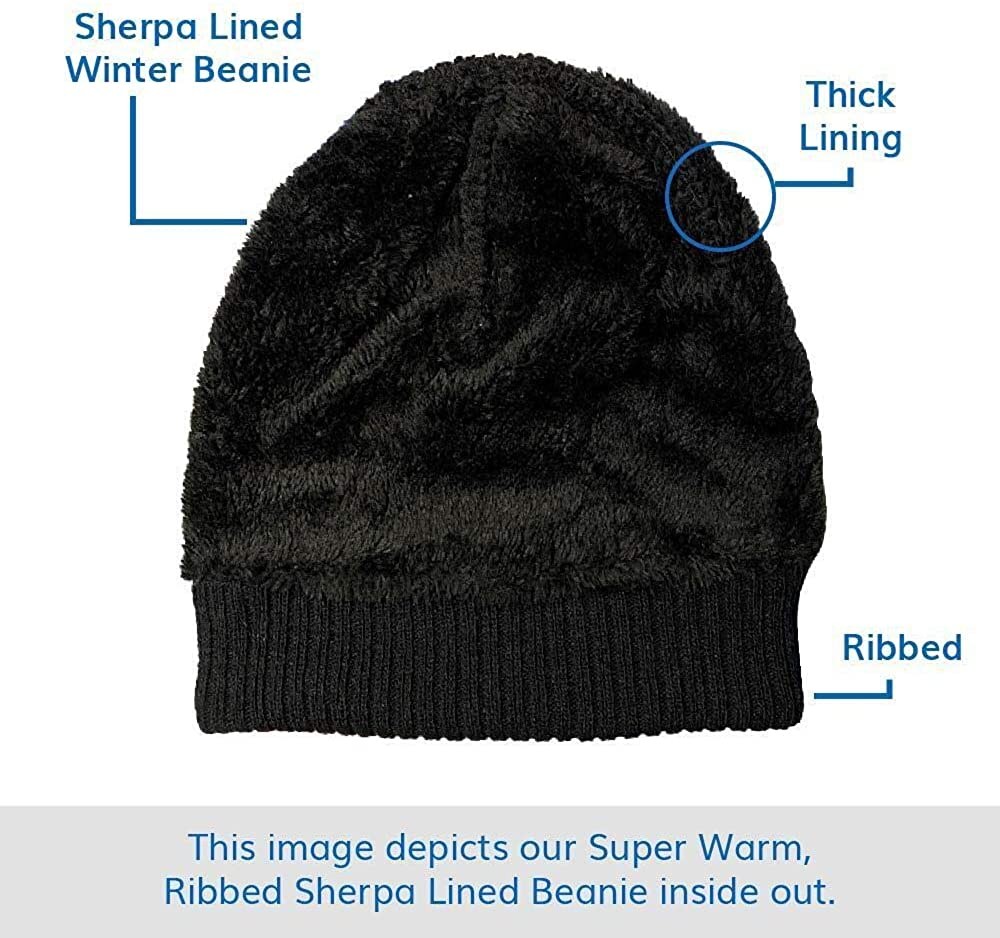 Yacht & Smith Sherpa Lined Winter Beanie in Solid Black (Assorted, 12 Pack)