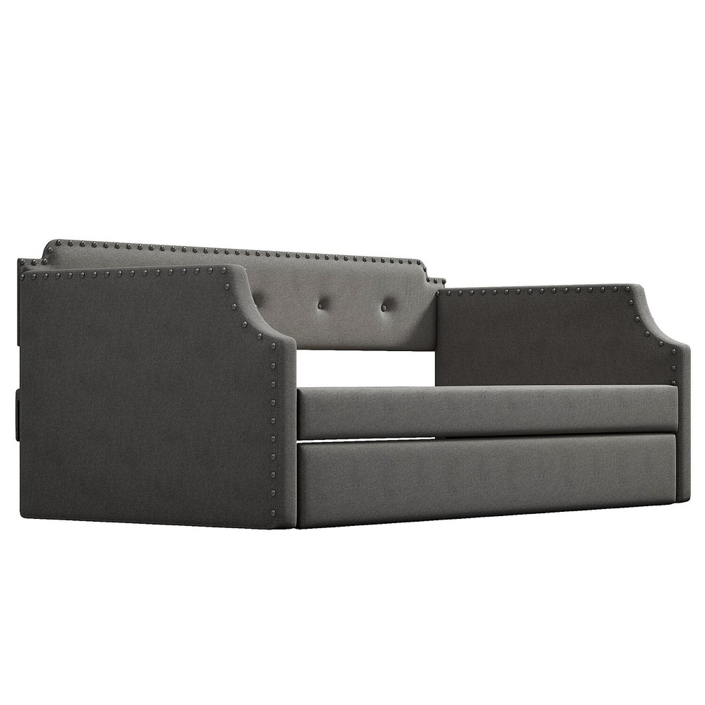 Twin Size Daybed w/ Pull-Out Trundle Bed Upholstered Bed Frame Sofa Bed US