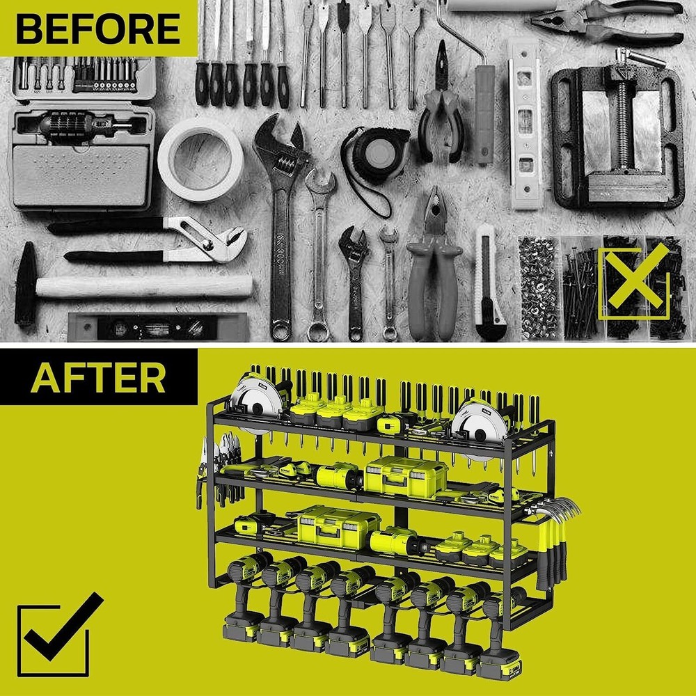 Power Tool Organizer Drill Holder Wall Mount Hand Tools Storage Rack Metal Black