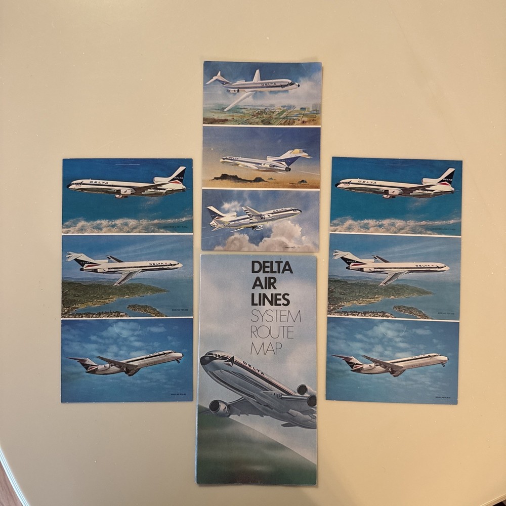 Vintage Delta Air Lines System Route Map Fold-Out + Post Cards