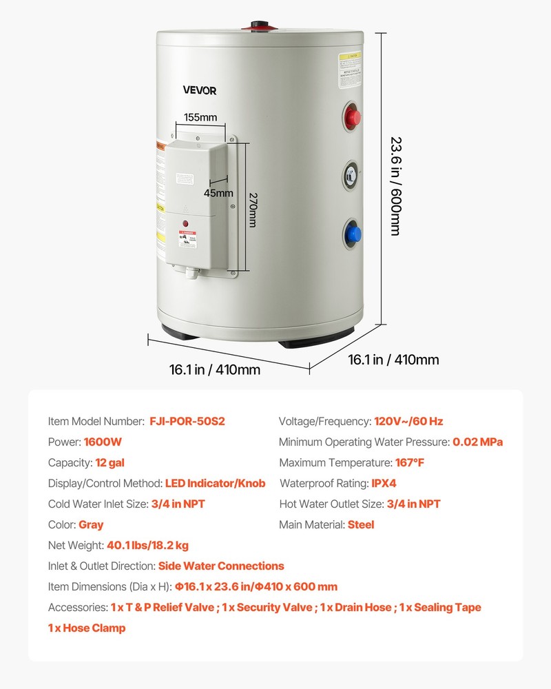 VEVOR 12 Gal Electric Tank Hot Water Heater 1600W 120V Point of Use T&P Valve