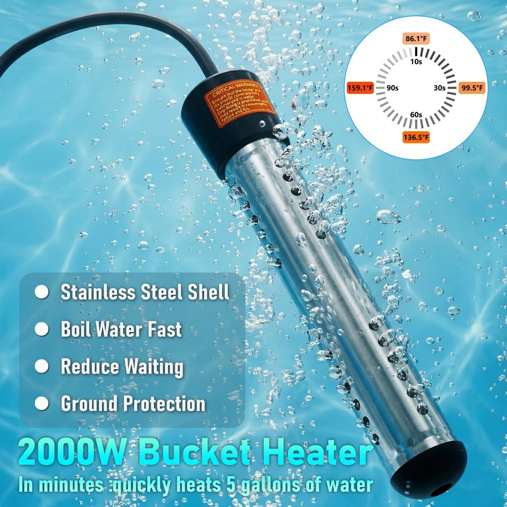 Immersion Water Heater Electric 2000W, Portable Submersible Water Heater with...