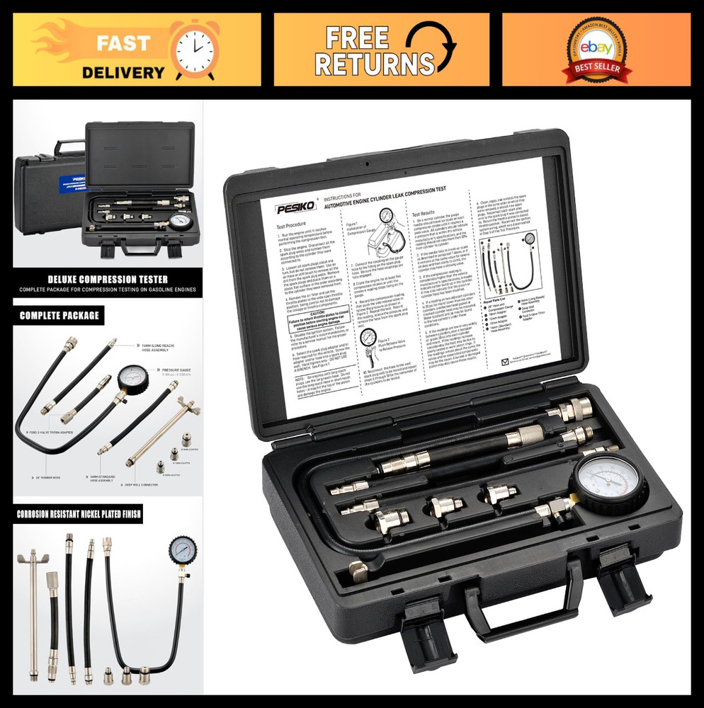 Engine Compression Tester Kit - 0-300 PSI Cylinder Gauge, Spark Plug Adapters fo