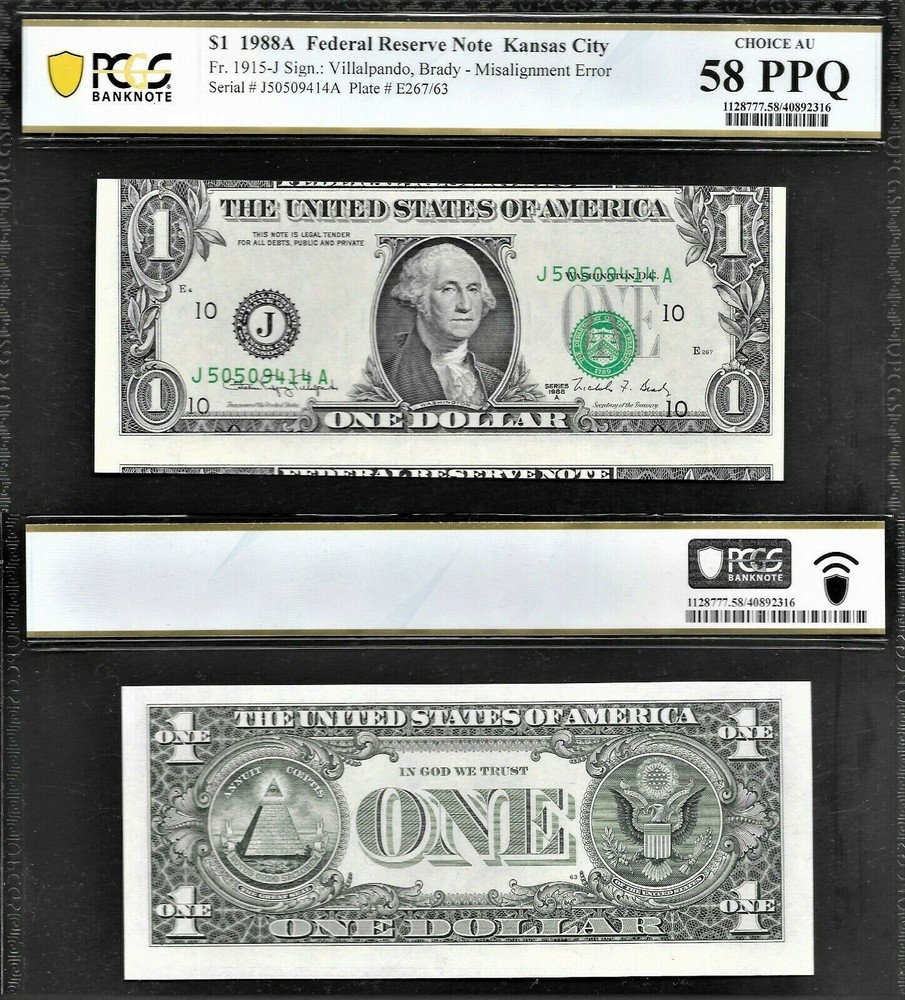 *AMAZING ERROR* $1 1988-A FRN "OBVERSE MISALIGNMENT ERROR NOTE" PCGS AU-58 PPQ