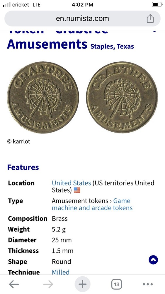 Advertisement Token - Crabtree Amusements - Staples, Texas