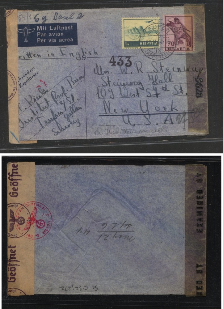 Switzerland   nice  double  censor cover  to  US           MS0827