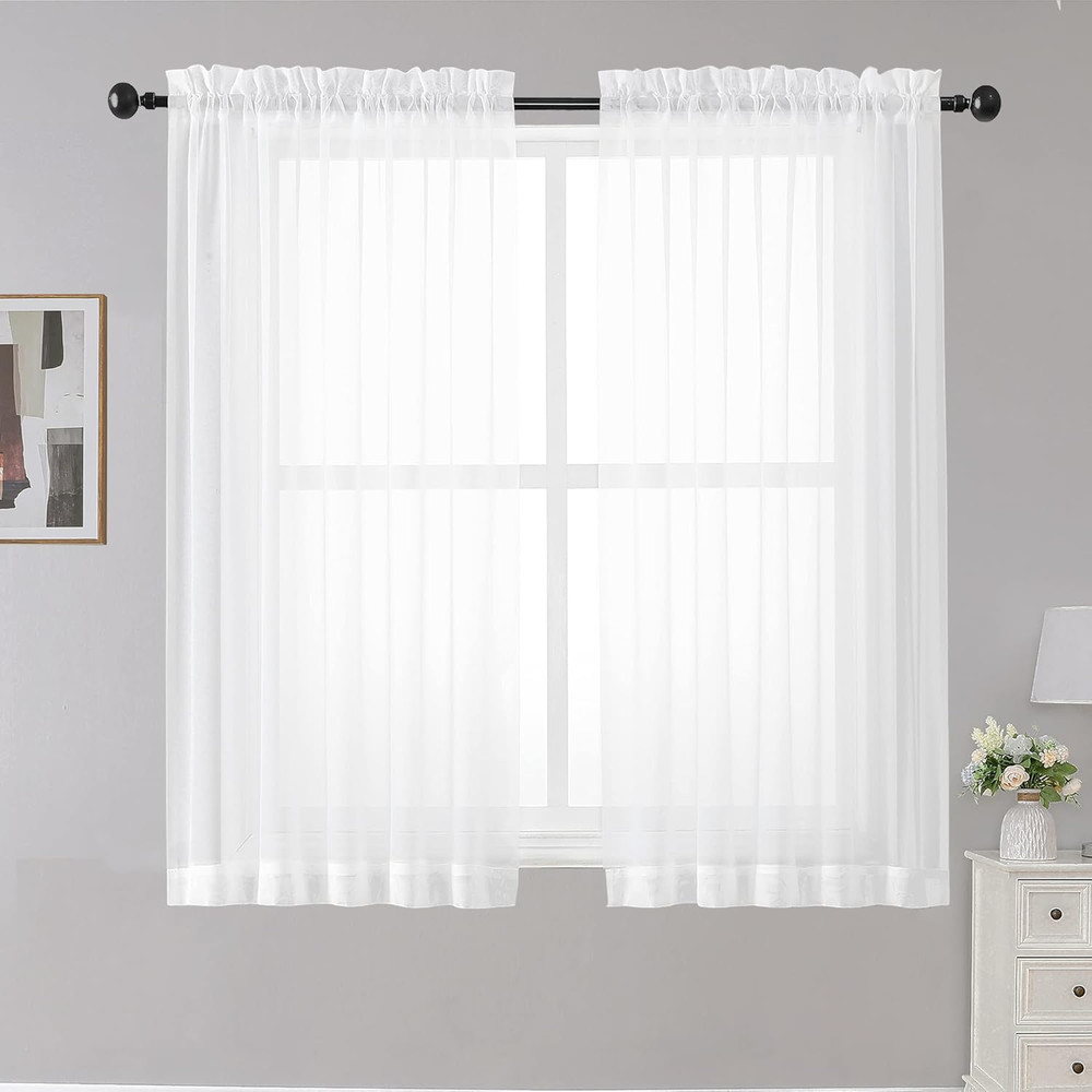 Light Filtering White Sheer Curtains 45" Long, 2 Panels for Small Windows