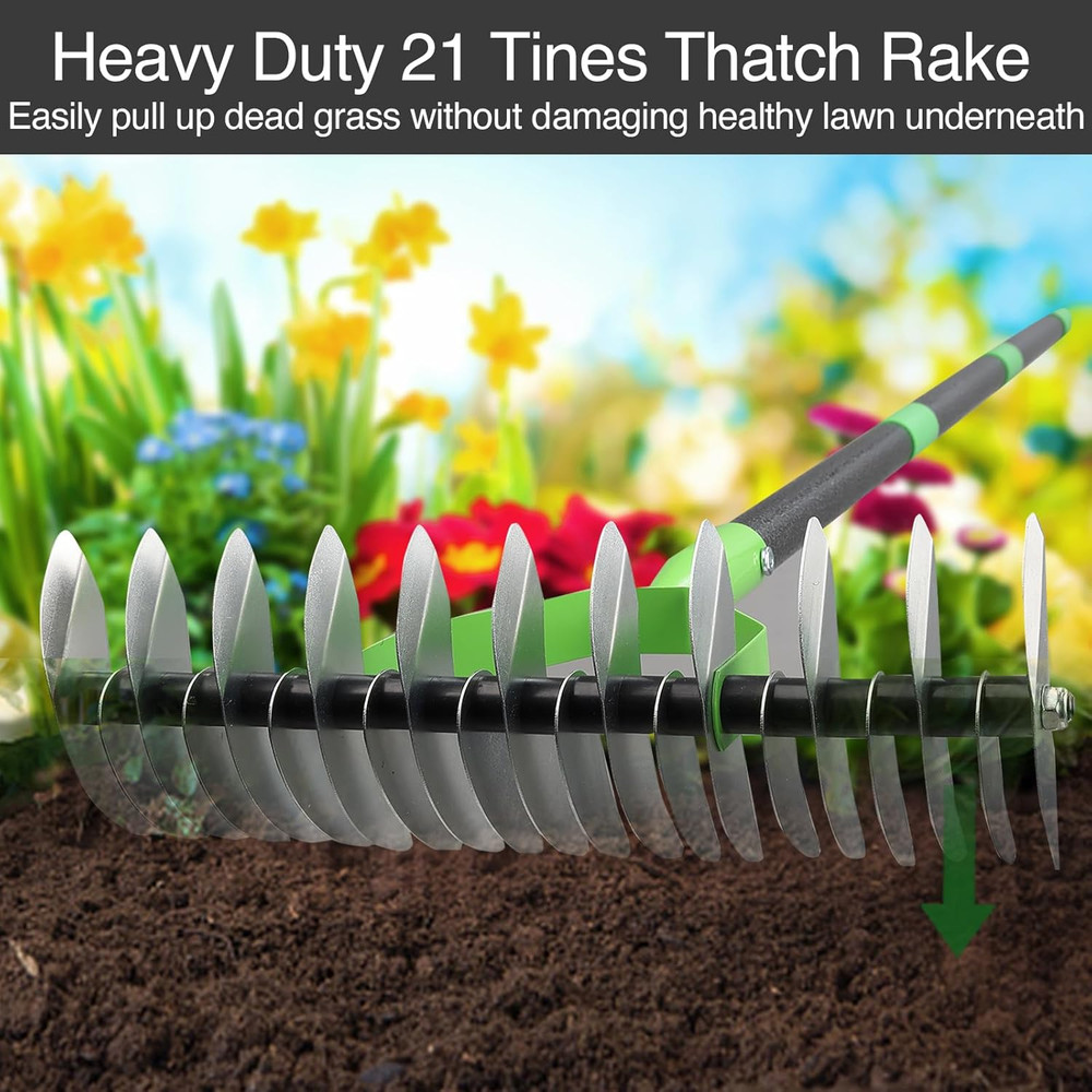 Thatch Rake for Lawns, Dead Grass Dethatcher Rake Removal Tool Heavy Duty Long H
