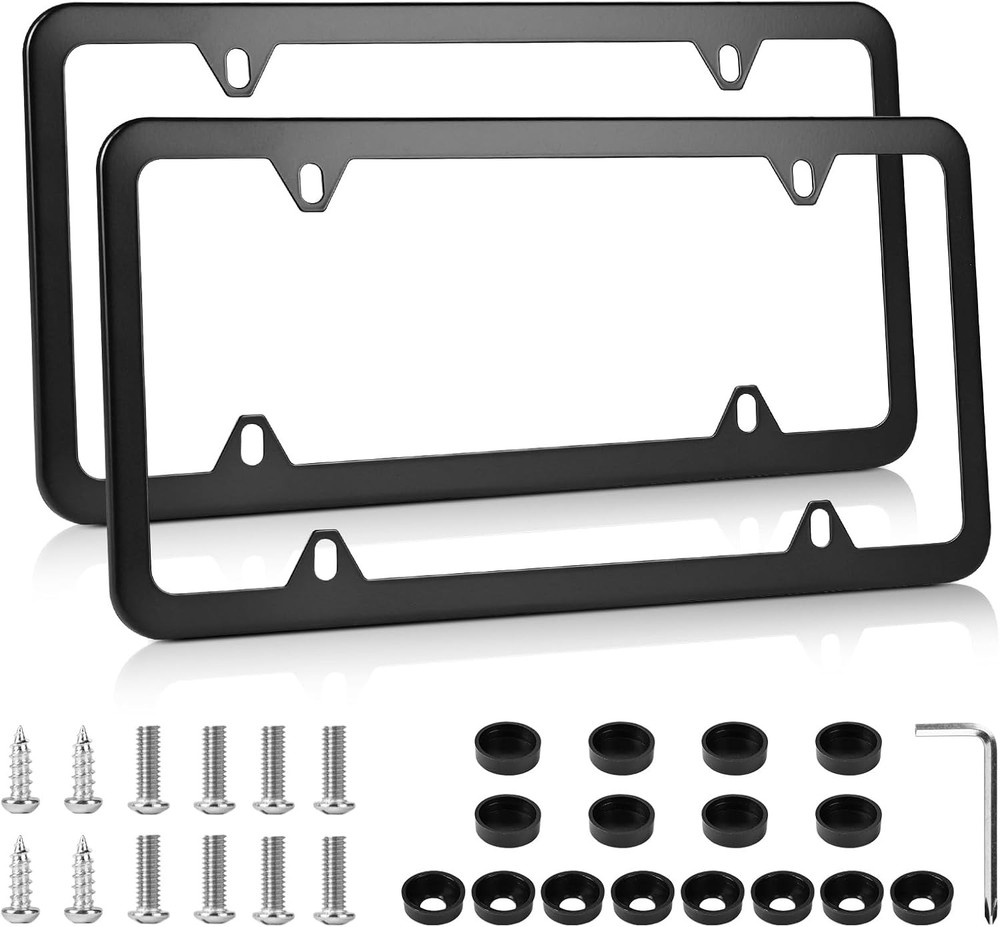 License Plate Frames Black, 2Pcs 4 Holes Holders, Black