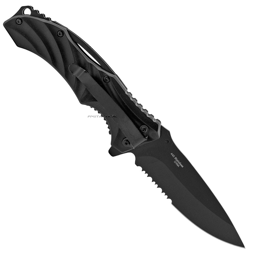 Pacific Solutions Textured Stainless ABS Wave Tech Black Spring Assist Knife 4"