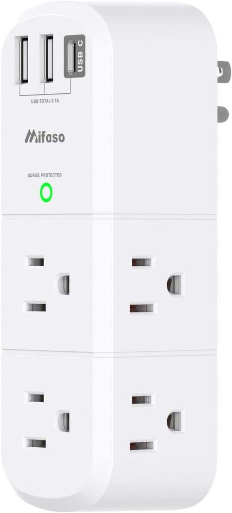 USB Outlet Extender Surge Protector - with Rotating Plug, 6 AC Multi Plug and 3