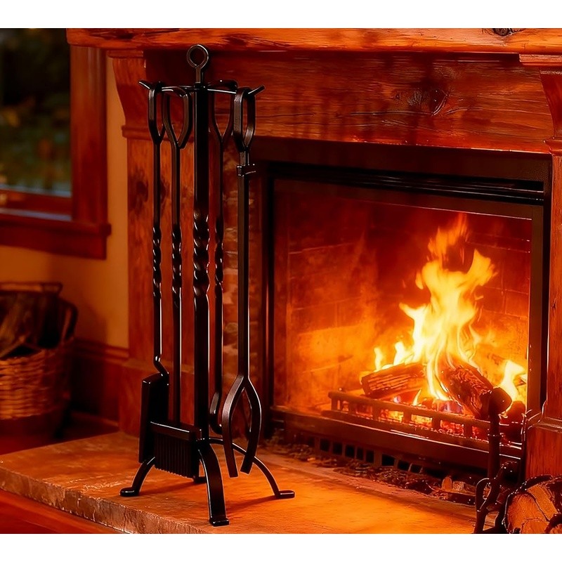 Ergonomic Fireplace Tools Set Cast Iron Fire Pit Accessories Durable 5 Piece New