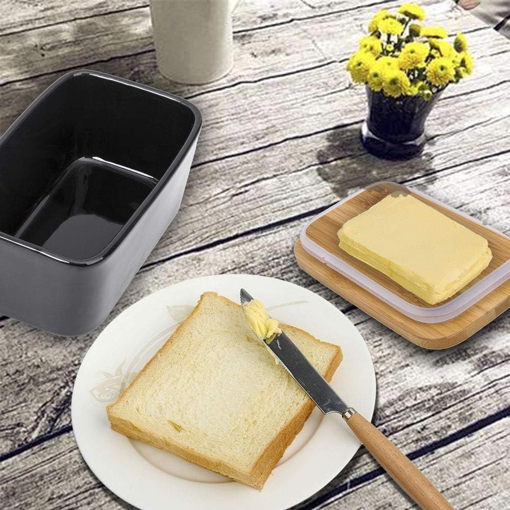 Multi-Functional Porcelain Butter Dish with Bamboo Lid - Elegant Kitchen Storage