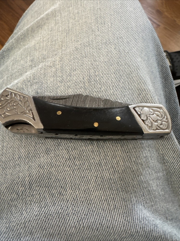 Handmade Damascus Folding Knife and Leather Case