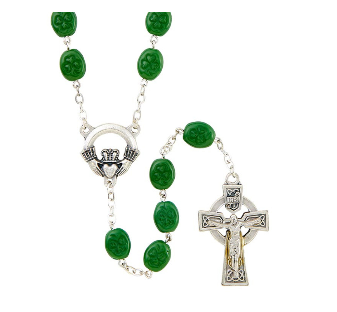 Irish Claddagh Rosary Green Shamrock Beads Celtic Crucifix Gift Boxed Catholic
