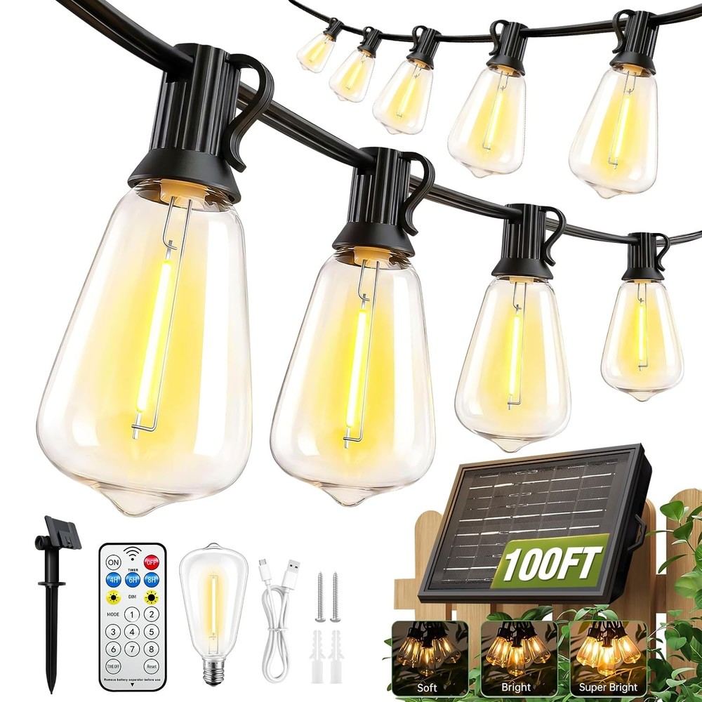 100FT Waterproof Solar String Lights with Remote & Timer, LED Shatterproof Bulbs