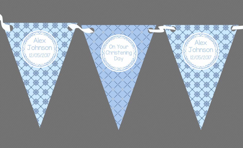 Blue Diamond Patterns Personalised Christening Baptism Bunting