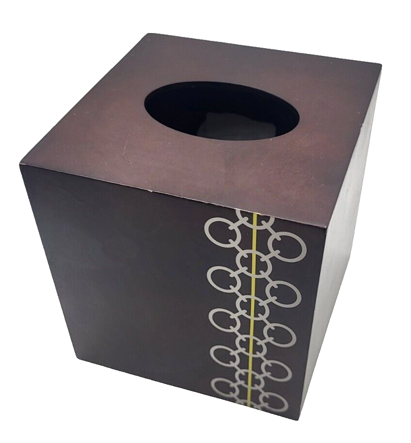 Jaclyn Smith Chain Links Wood Tissue Box Cover Brown Silver 5.5" Cube