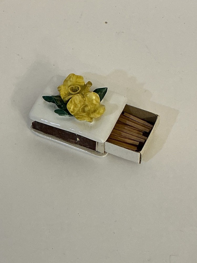 VINTAGE CERAMIC MATCHBOX WITH STRIKER Rose Pattern Brass