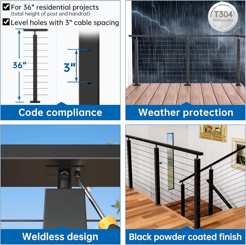 Black Cable Railing Post 36 Inch 36"x2"x2" Level Drilled Surface Mount T304 S...