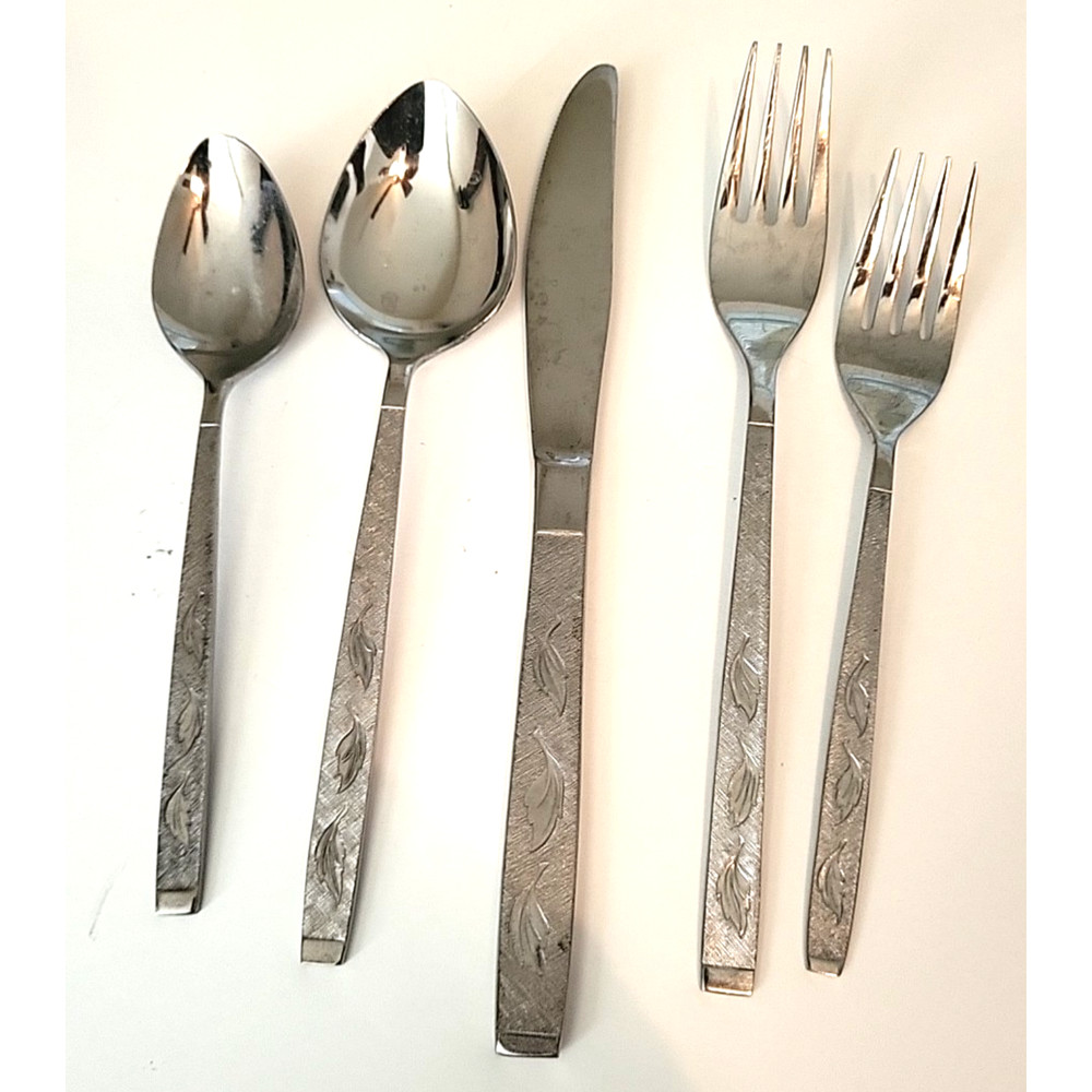 CARLTON Frosted Leaf 5 PIECE STAINLESS FLATWARE SET-Korea