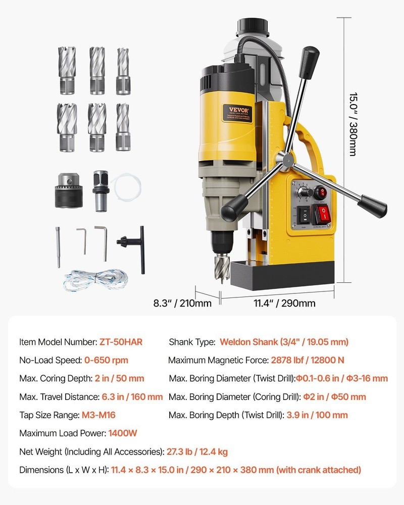 2878 lbf Mag Drill 1450W - 2 " Boring Diameter with 6 Drill Bits Yellow