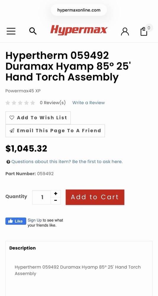 Hypertherm 059492 Duramax Hyamp 85° 25' Hand Torch Assembly