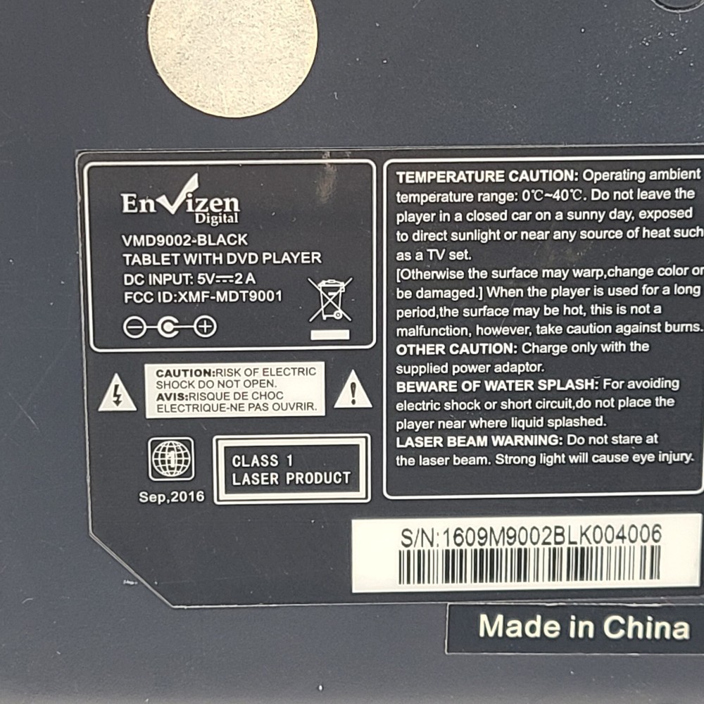 Envizen VMD9002 Tablet DVD Player 9" Android 5.1 HDMI USB AV In with Adapter