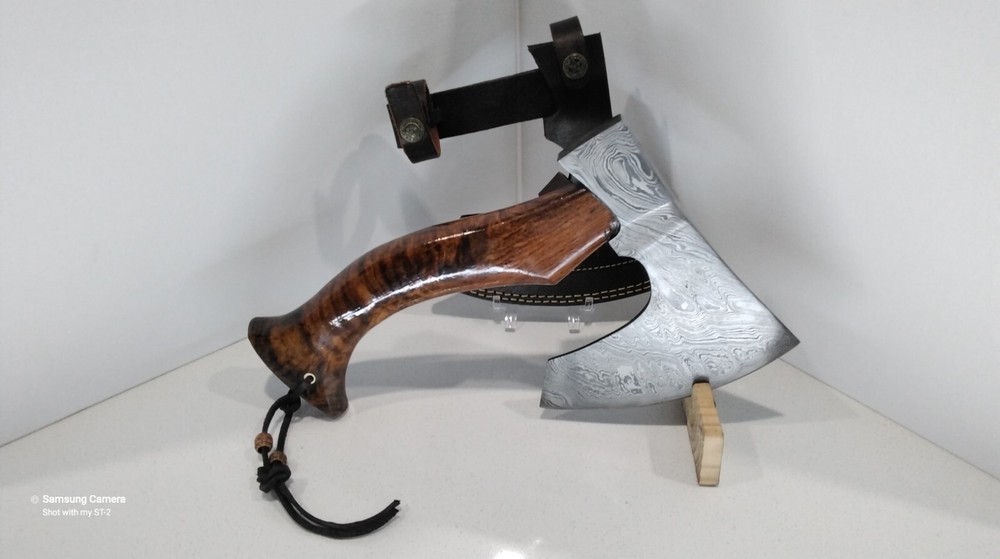 Damascus Hand Axe Hatchet Tomahawk Survival Walnut Wood Handle Leather Sheath