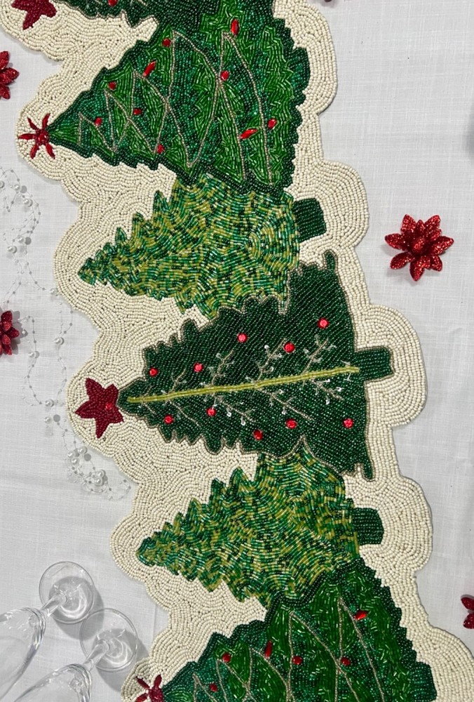 Christmas Tree Design Table Runner Beaded Table Topper Luxury Tableware 13X36 In