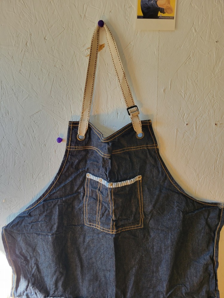 Denim Work Apron with Striped Trim, Adjustable Straps