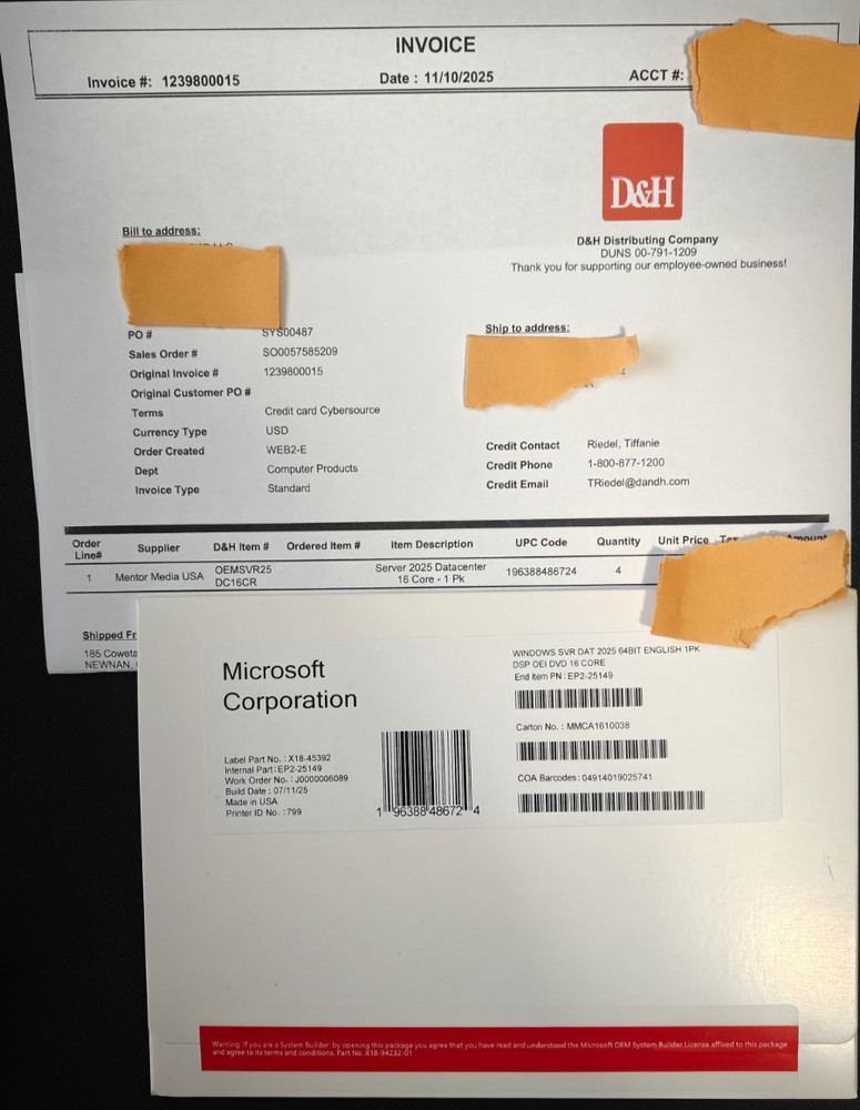 Authentic Microsoft Windows Server 2025 Datacenter-OEM 16 Core- (From D&H Dist)