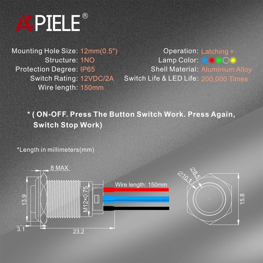 APIELE 12mm Latching Push Button Switch SPST Pre-Wired 150mm Black Shell-Blue