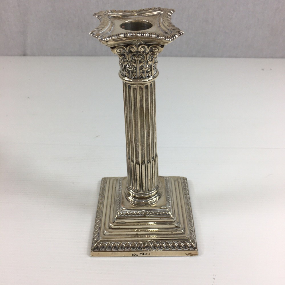 Antique 1936 Solid Silver Weighted Pair Of Corinthian Column Candlesticks