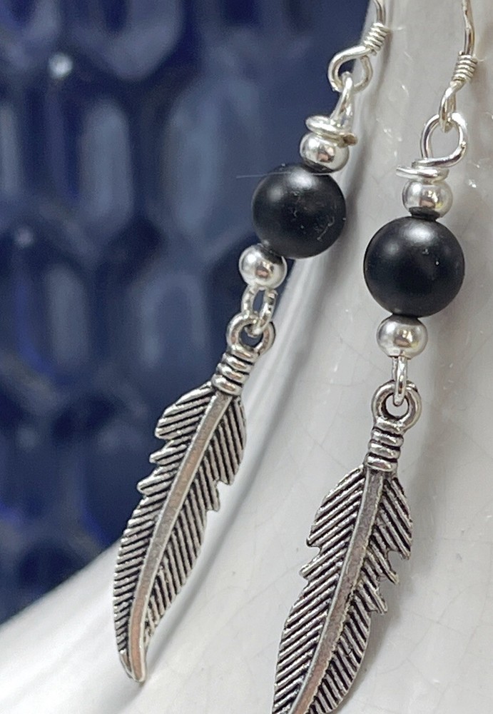 black onyx feather earrings