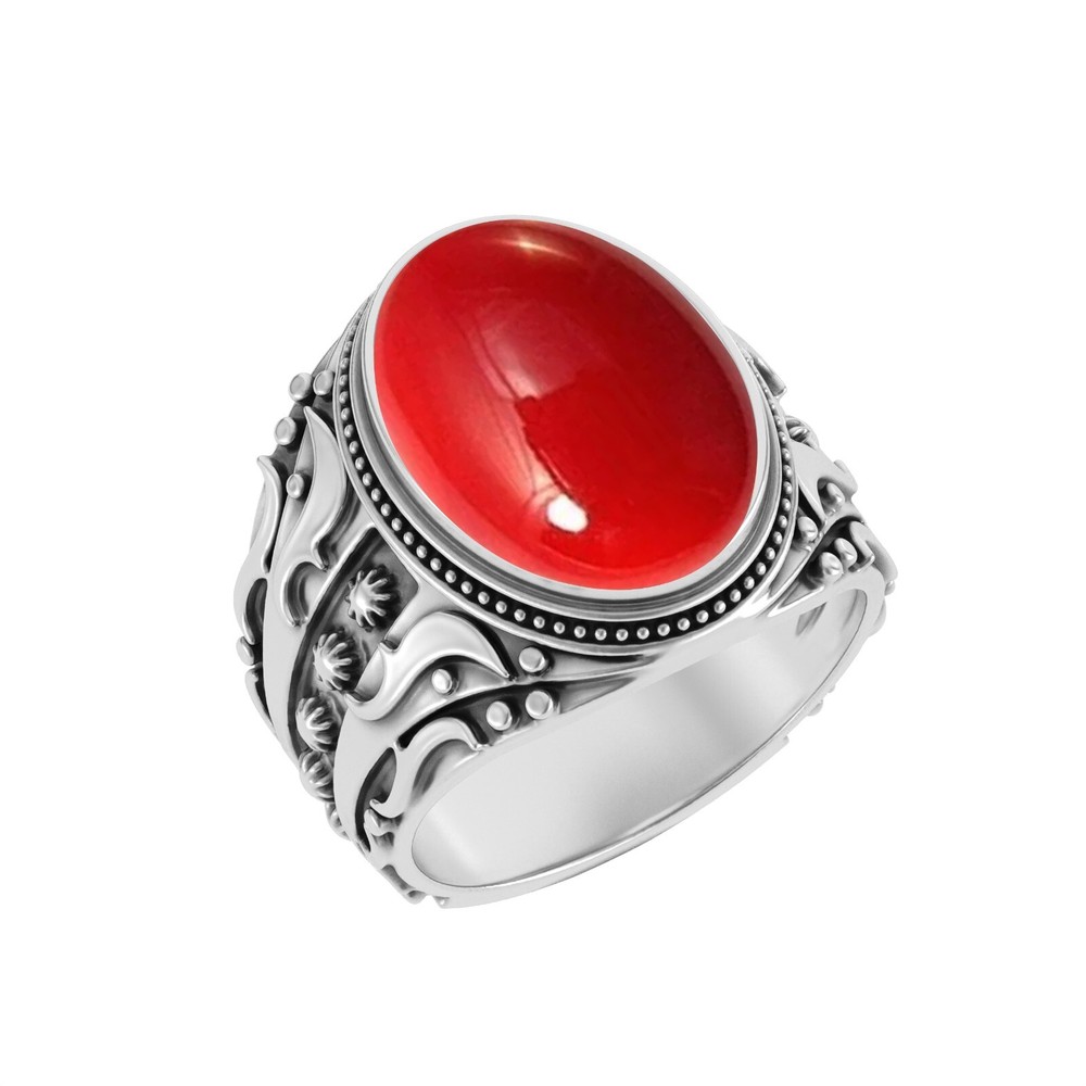 Solid 925 Sterling Silver Coral Gemstone Handmade Oval Ring For Men