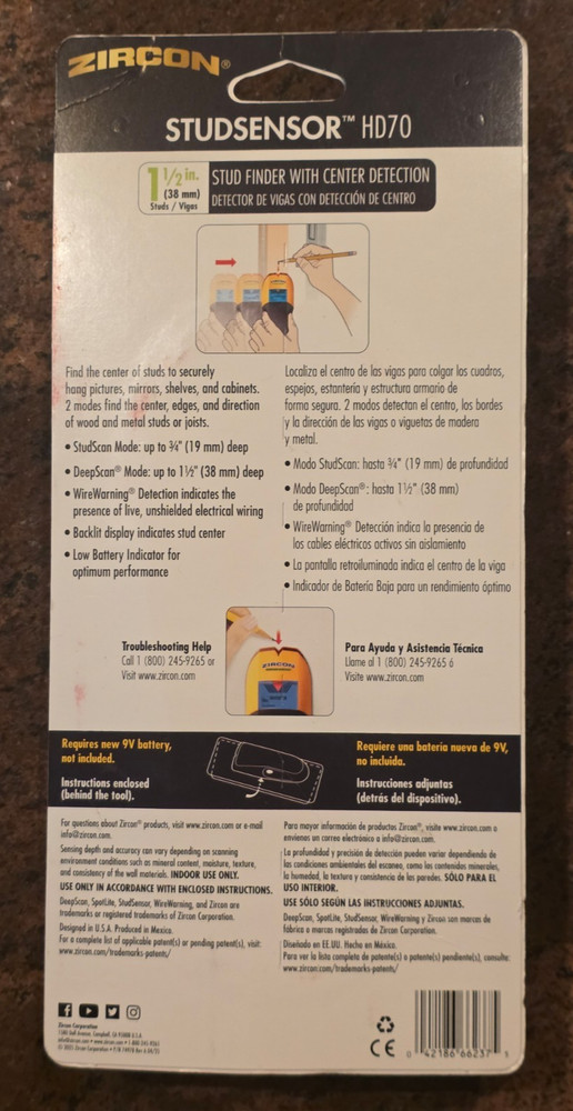 Zircon StudSensor HD70 Stud Finder with Center Detection