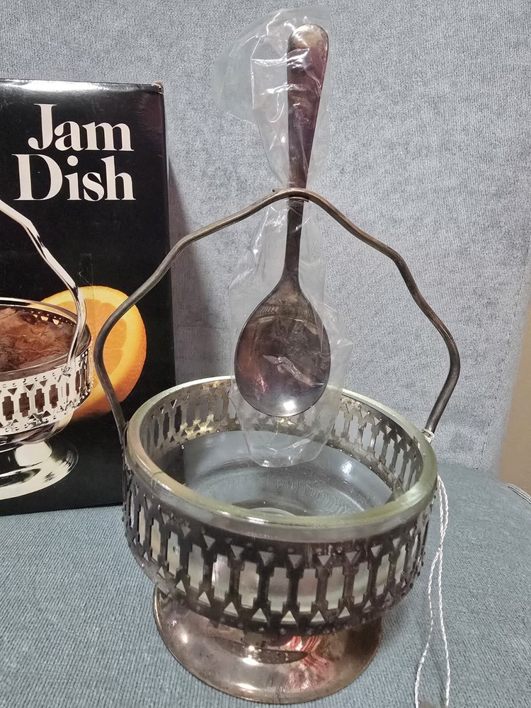 Leonard Silver silverplate and crystal jam dish with spoon, original packaging.